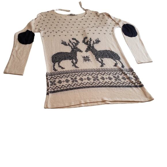Forever 21 Sweater Large Reindeer Elbow Patches Navy Cream Nordic Holiday - Picture 5 of 13